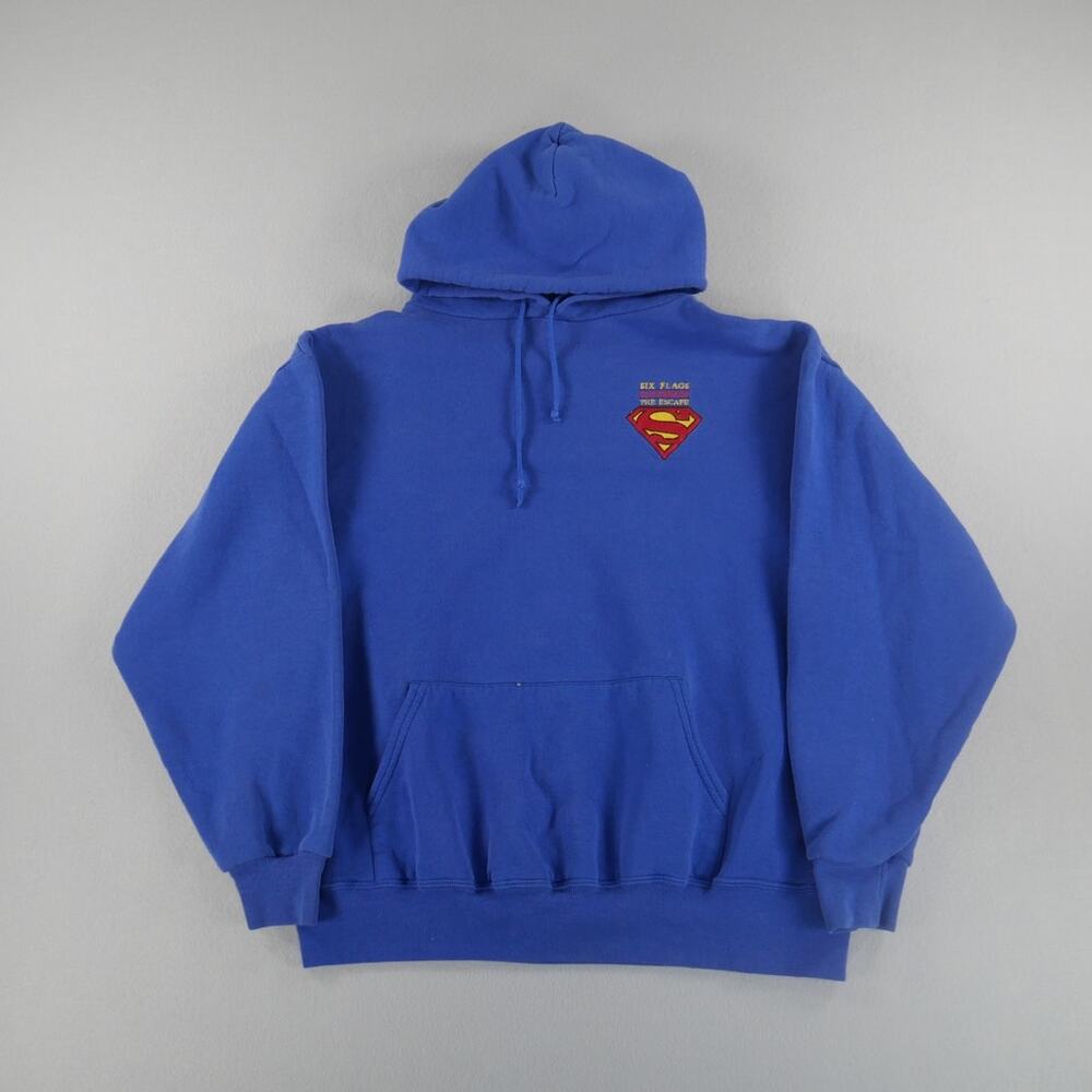 Vintage Y2K Six Flags Superman The Escape Blue Hoodie Embroidered Men Size Large